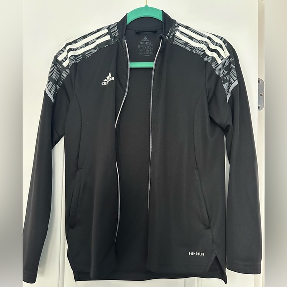 ADIDAS Size 11/12Y Boys Black Athletic Jacket with White Stripes and Pockets - Picture 3 of 4